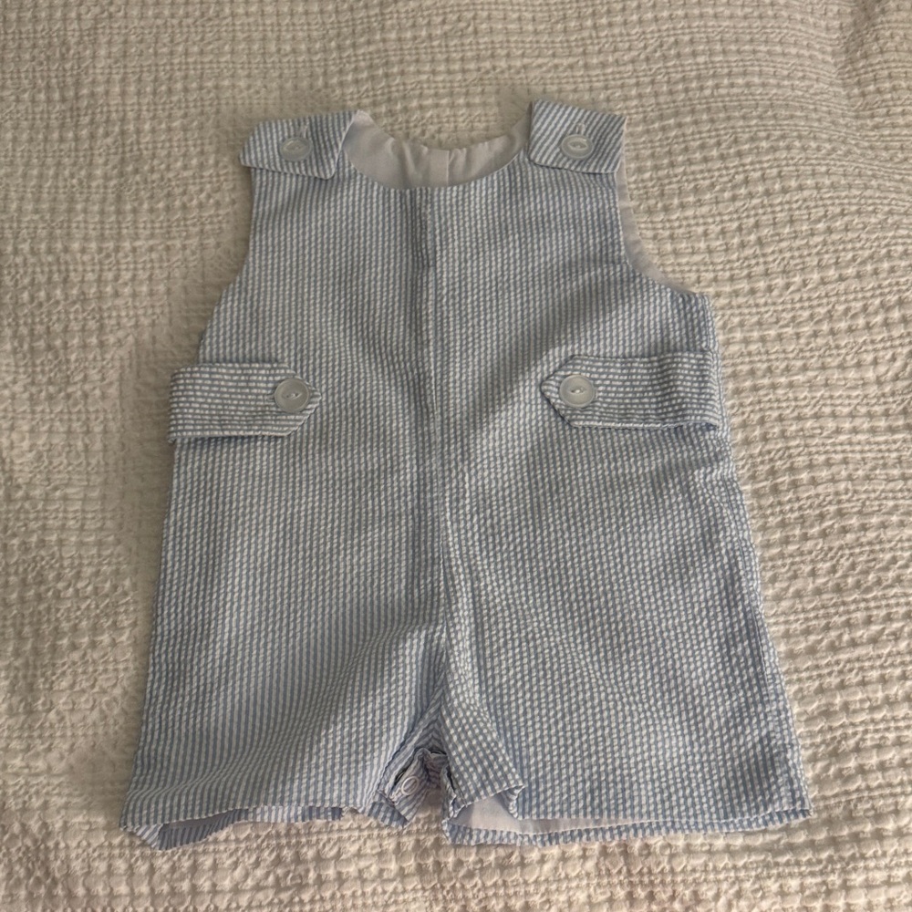 The Beaufort Bonnet Company Light Blue Seersucker Romper